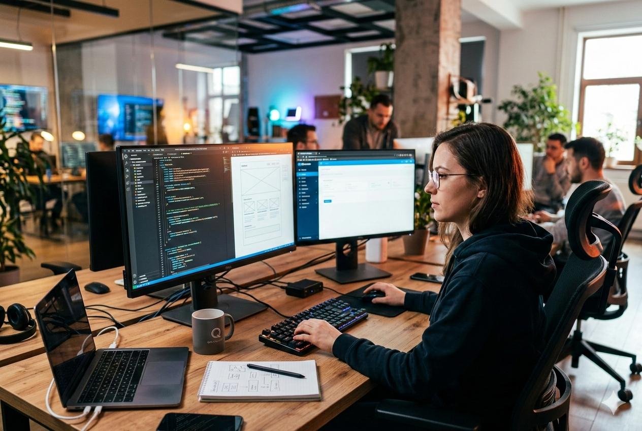 Software developers working at desks in a shared office
