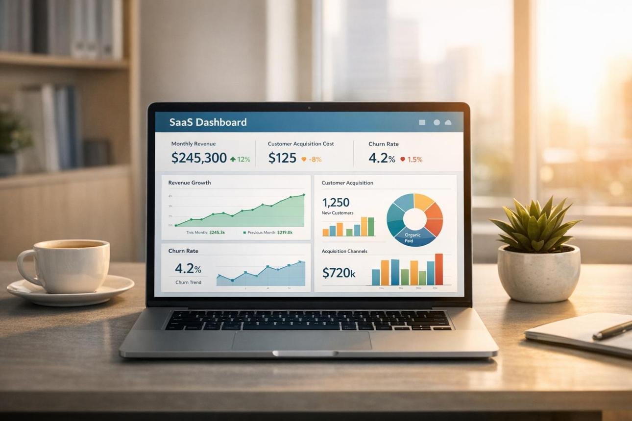 Illustrative software dashboard displayed on a laptop